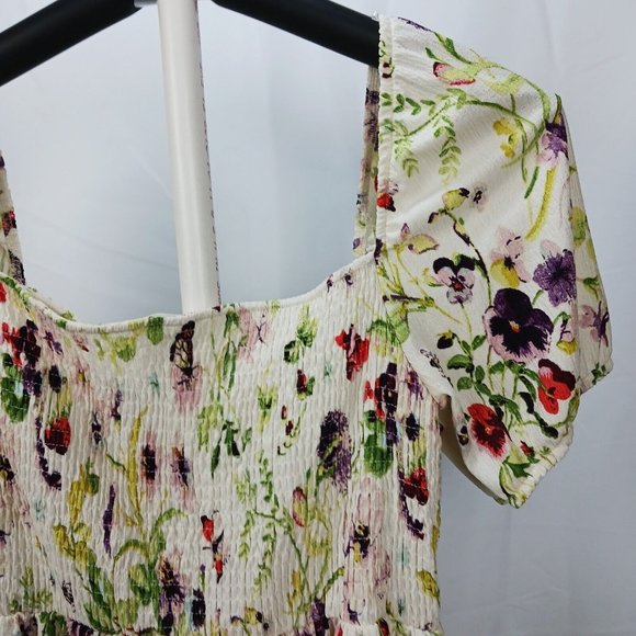 NEW H&M Floral Pleet Dress Size XXL Mini Short Cold Shoulder Ivory Floral - Picture 8 of 15